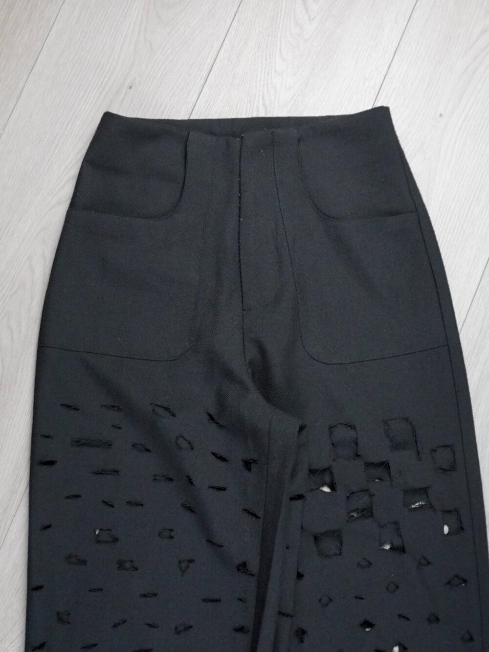 Handmade Distressed Black Wide Leg Pants Grunge Cut Out - Picture 2 of 5